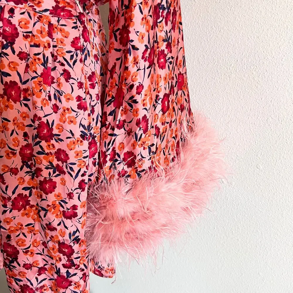 Buddy Love Anisa Feather Cuff Mini Dress Dragonfruit Pink Floral Size Small - Picture 5 of 10